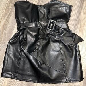 High waisted black leather skirt
